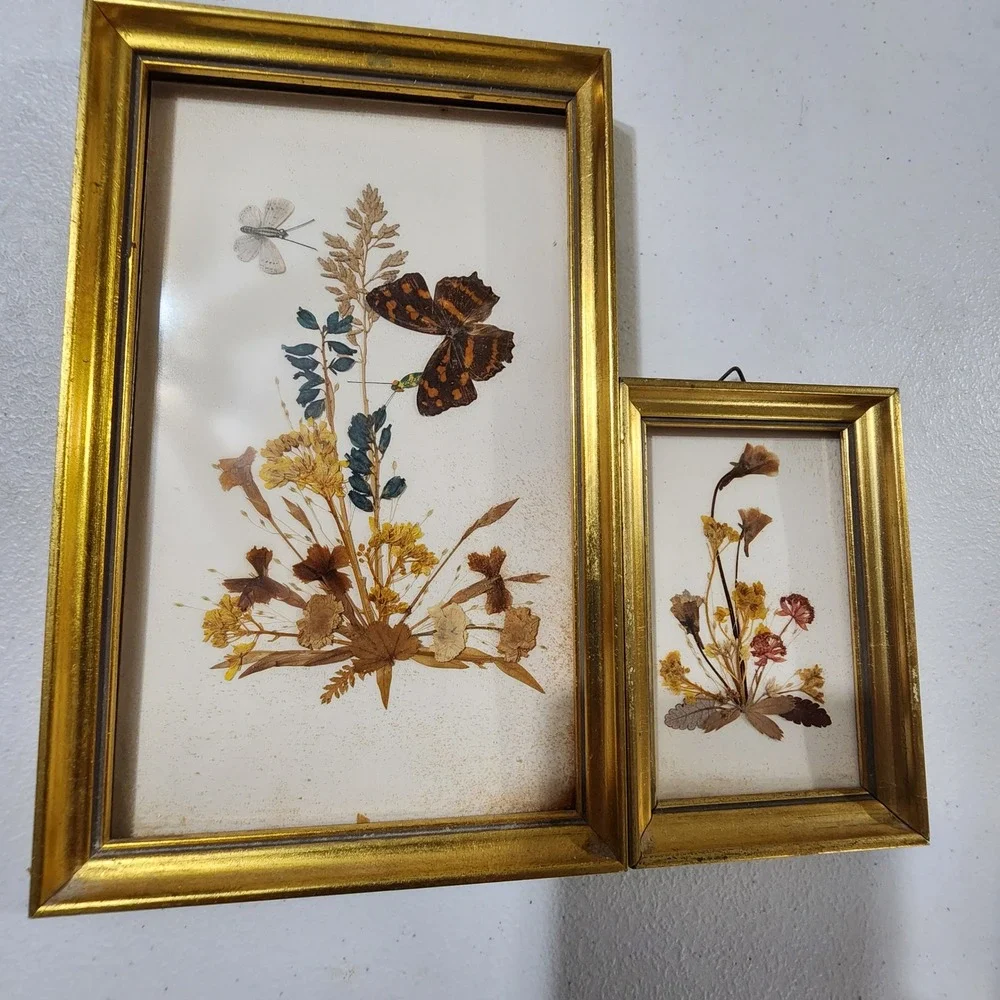 Vintage Reichlin Switzerland Pressed Flower Butterfly Art Gold Frames Set of 2